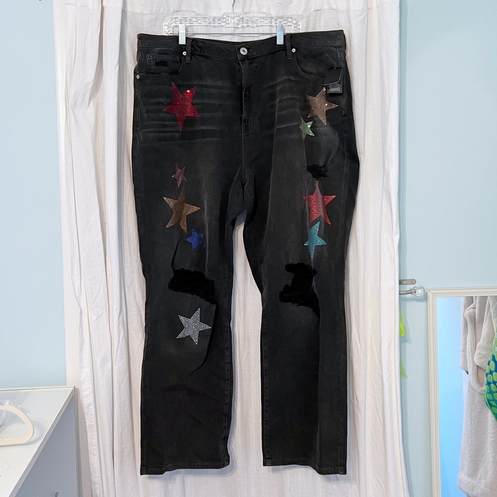 Fashion Nova Plus Size 22 Star Power Embellished Jeans Rainbow Rhinestone